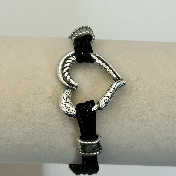 Brighton Heritage Heart Bracelet 8" Silver Plated Black Corded Strap J32460 - Picture 2 of 9